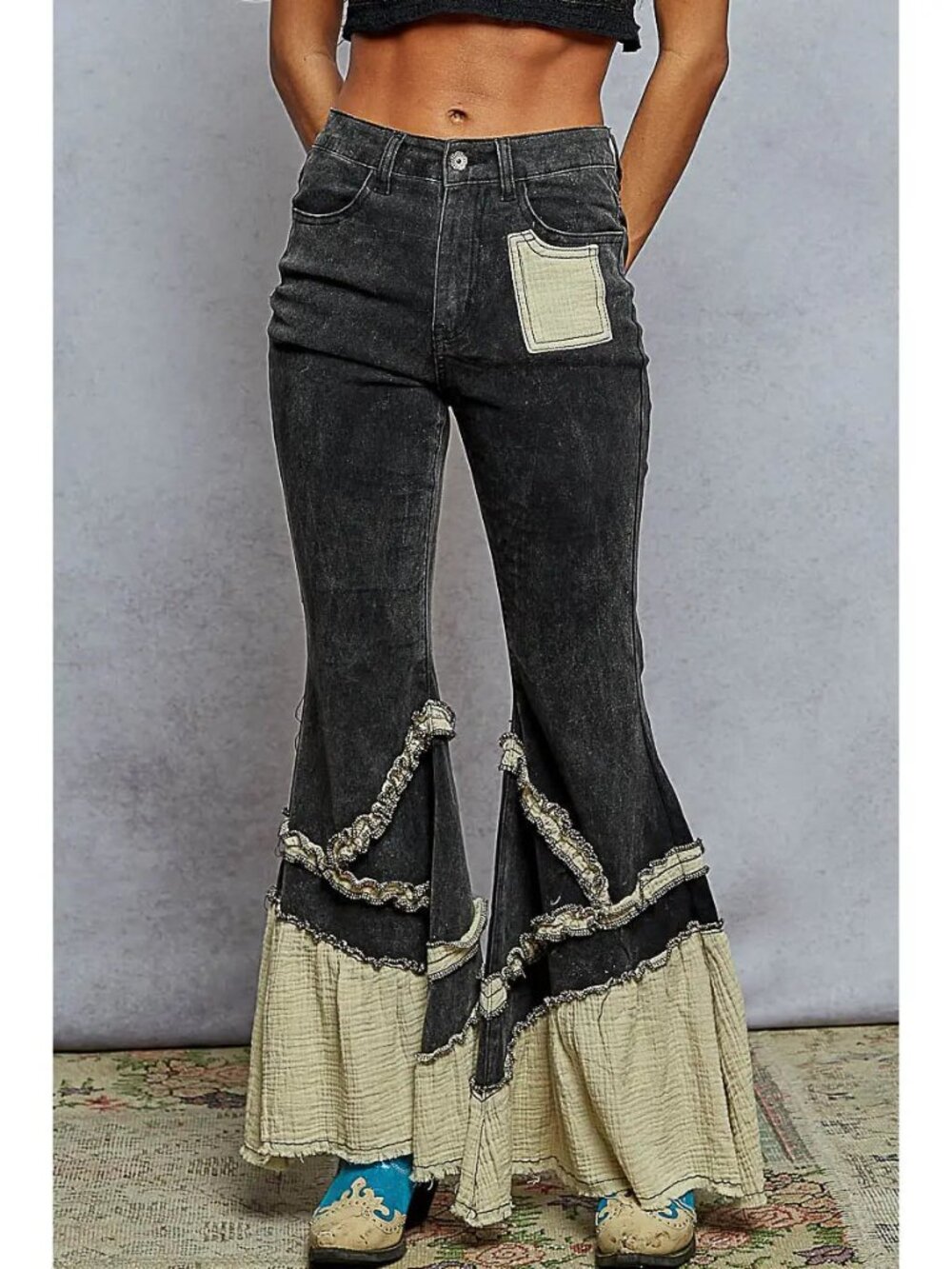 Pol Clothing Vintage Wash Double Gauze Boho Ruffle Twill Flare Pants Sz S-L New